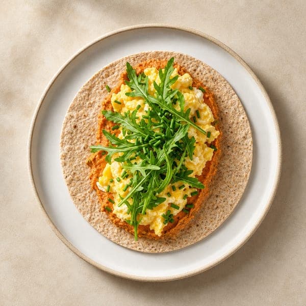 Tortilla z hummusem, jajecznicą i rukolą