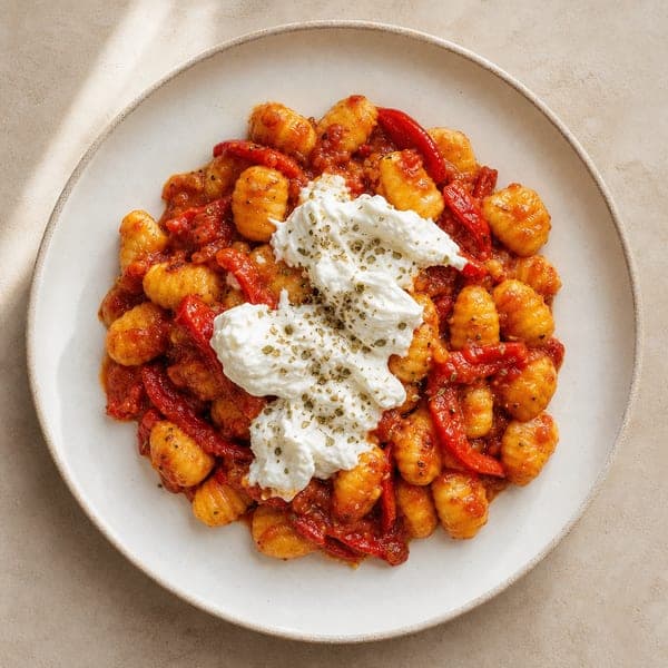 Pieczone gnocchi z burratą i pomidorami