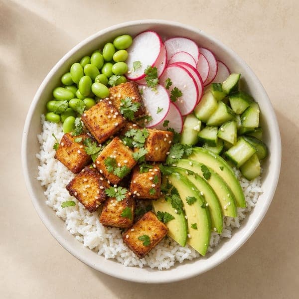 Miska z pieczonym tofu, rzodkiewką i awokado