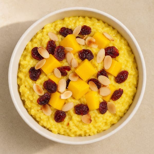 Złote mleko — pudding ryżowy z mango i żurawiną