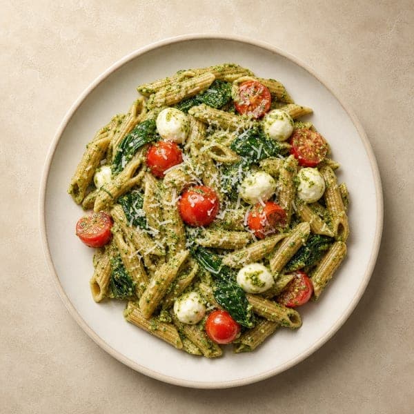 Włoski makaron z mozzarellą, szpinakiem i pesto