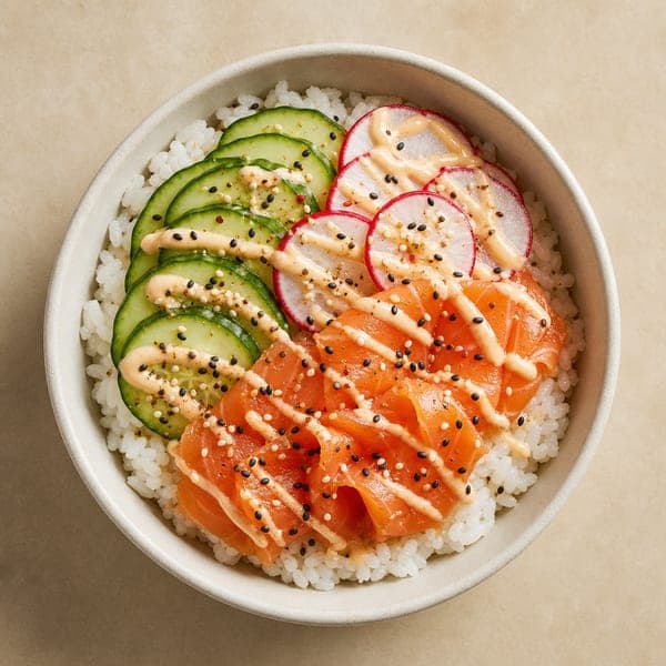 Miska sushi z warzywami i wędzonym łososiem