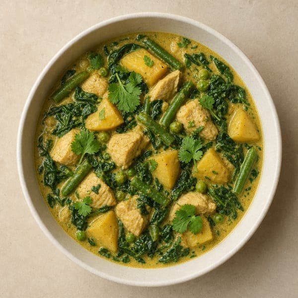 Warzywne curry z kurczakiem, ziemniakami i szpinakiem