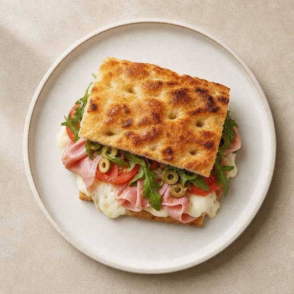 Zapiekane Panini z szynką i mozzarellą na chlebie Schiacciata