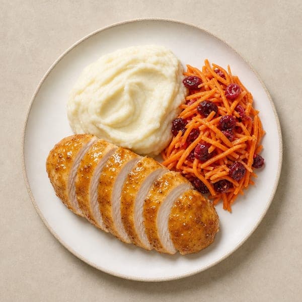 Indyk w glazurze miodowo-cytrynowej z puree i surówką marchewkowo-żurawinową