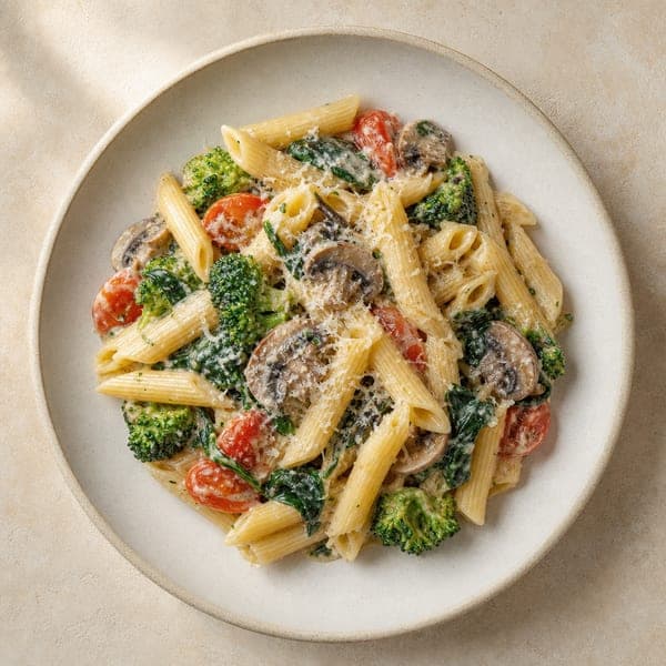 Penne z pieczarkami, szpinakiem i kremowym sosem śmietanowym