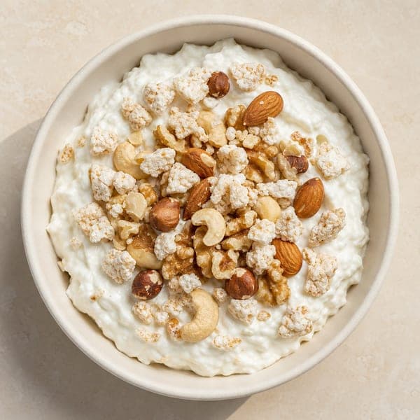 Owocowy skyr z orzechami i waflami ryżowymi