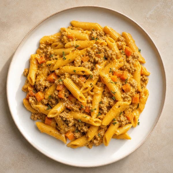 Penne z mielonym indykiem w aksamitnym sosie dyniowym