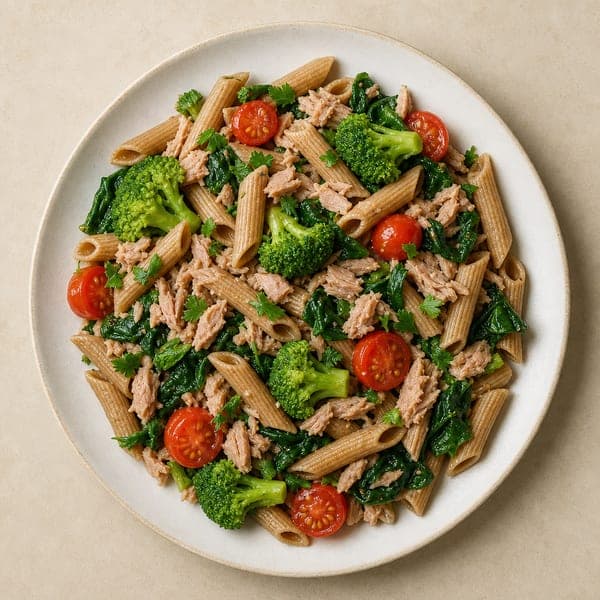 Penne z tuńczykiem, szpinakiem i pomidorkami cherry