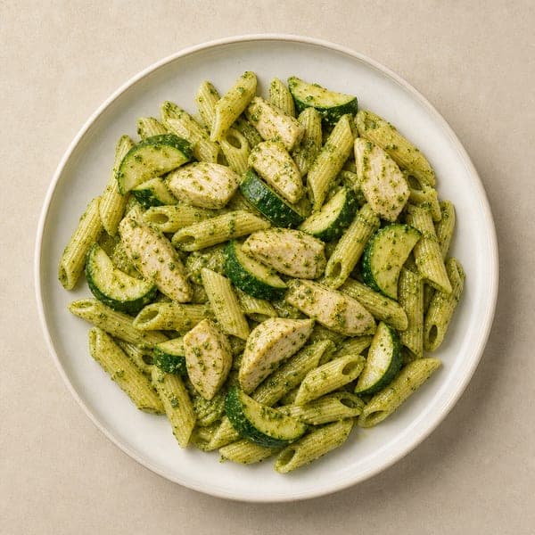 Makaron penne z kurczakiem gotowanym na parze, cukinią i pesto