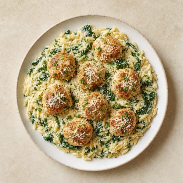 Drobiowe pulpeciki z piekarnika w kremowym sosie szpinakowym z makaronem orzo
