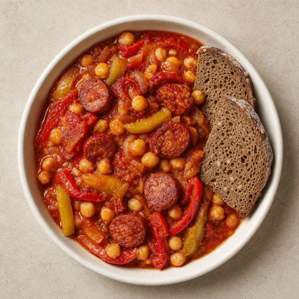 Jednogarnkowe leczo z ciecierzycą i kiełbasą chorizo