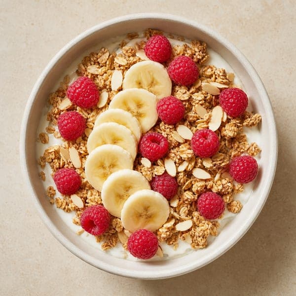 Chrupiąca granola z bananem i świeżymi malinami