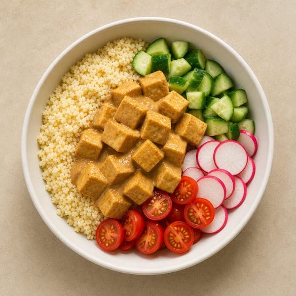 Kuskus z tofu w sosie z masła orzechowego