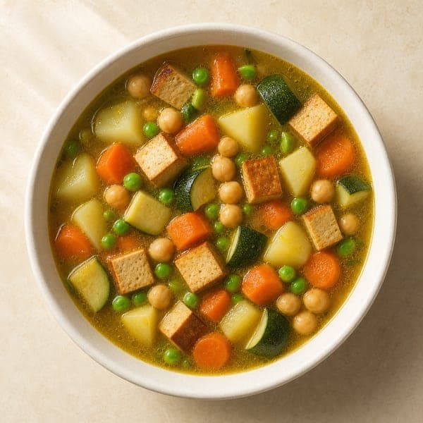 Jarzynowa zupa warzywna z tofu i ciecierzycą