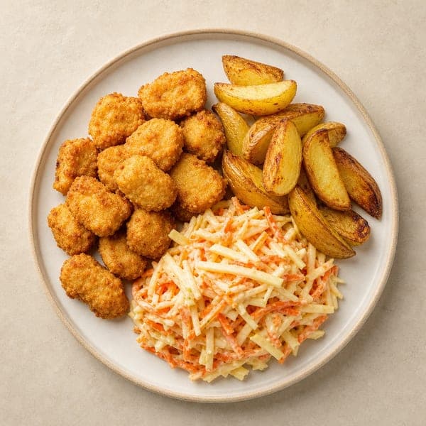Wegańskie nuggetsy z kotletów sojowych z pieczonymi ziemniakami i surówką colesław