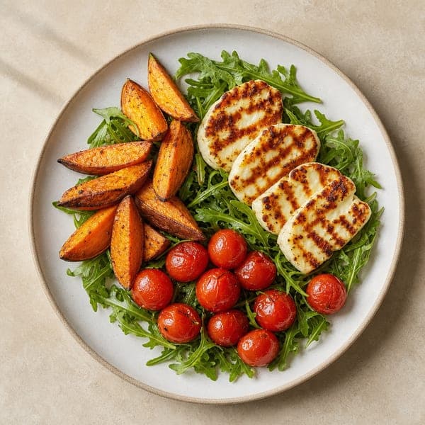 Grillowany ser halloumi z pieczonymi batatami i sałatką