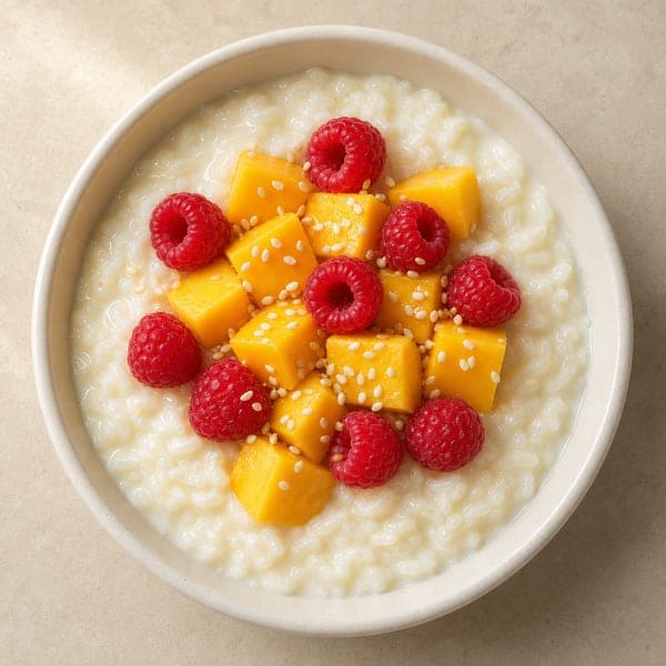Pudding ryżowy z mango i malinami