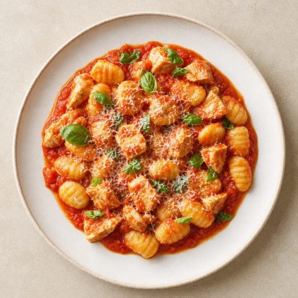 Kluseczki gnocchi z kawałkami kurczaka i sosem pomidorowym