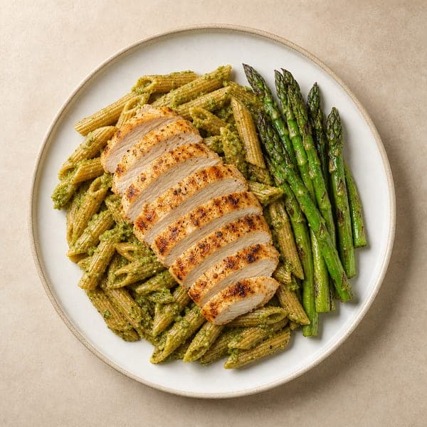 Pełnoziarnisty makaron ze szparagami, kurczakiem i pesto