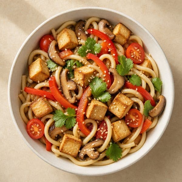 Udon z tofu, pieczarkami i sezamem