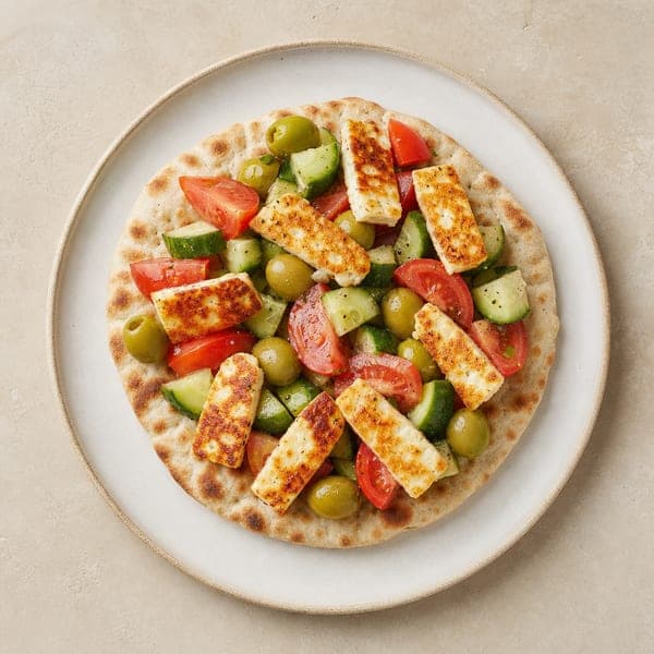 Placek z sałatką grecką i grillowanym halloumi