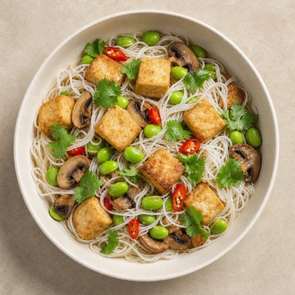 Smażone tofu z edamame i pieczarkami po azjatycku