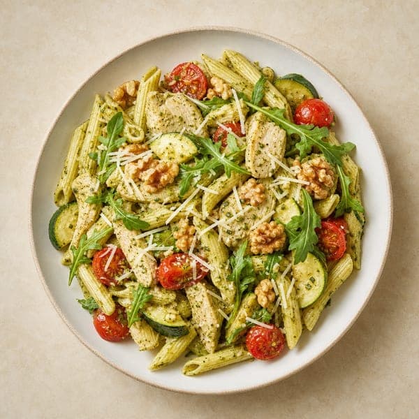 Penne z kurczakiem, domowym pesto, cukinią i pomidorkami koktajlowymi
