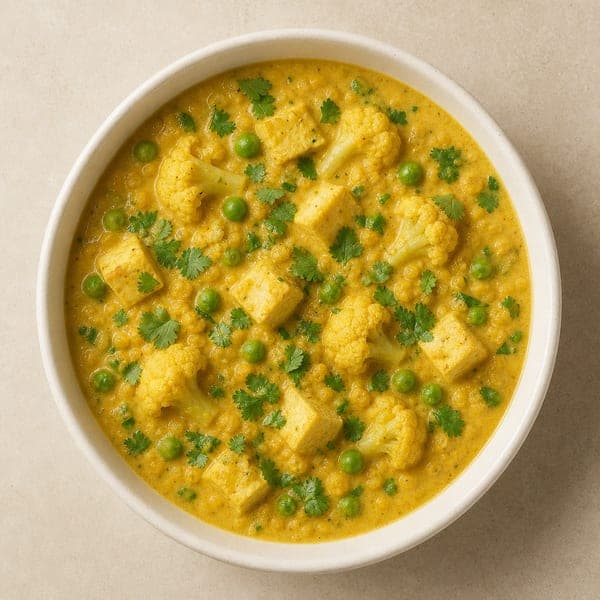 Wegański dahl z kalafiorem, grochem i tofu