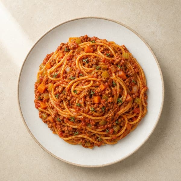 Makaron spaghetti z roślinnymi zamiennikami mięsa