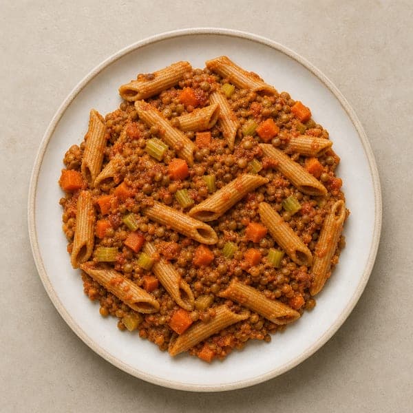 Penne z pożywnym sosem bolońskim na bazie soczewicy