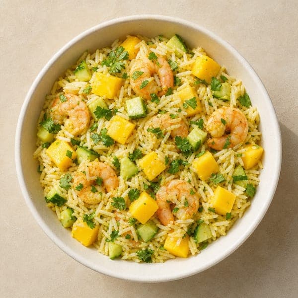 Sałatka ryżowa z krewetkami i mango w sosie curry