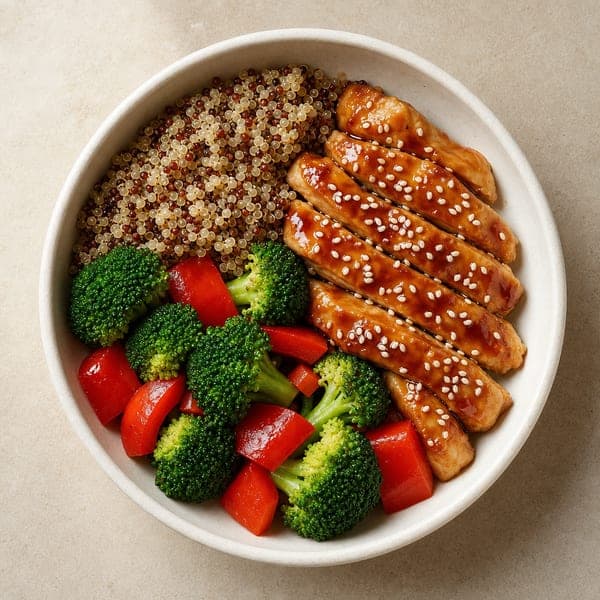 Kurczak teriyaki z komosą ryżową i sezonowymi warzywami