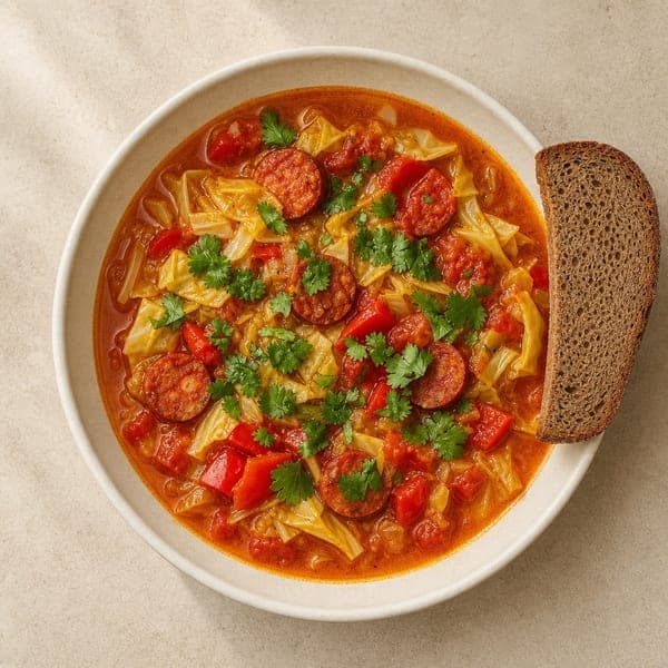 Zupa z młodej kapusty i chorizo z puszką pomidorów