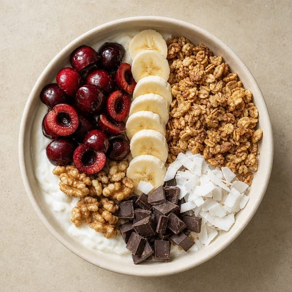 Naturalny jogurt skyr z domową granolą, wiśniami, bananem i czekoladą